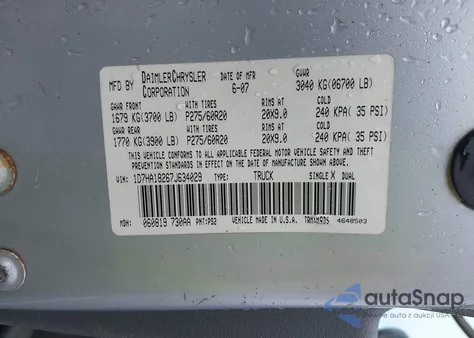 2007 Dodge Ram 1500 Slt z USA, uszkodzony, nr VIN 1D7HA18267J634029